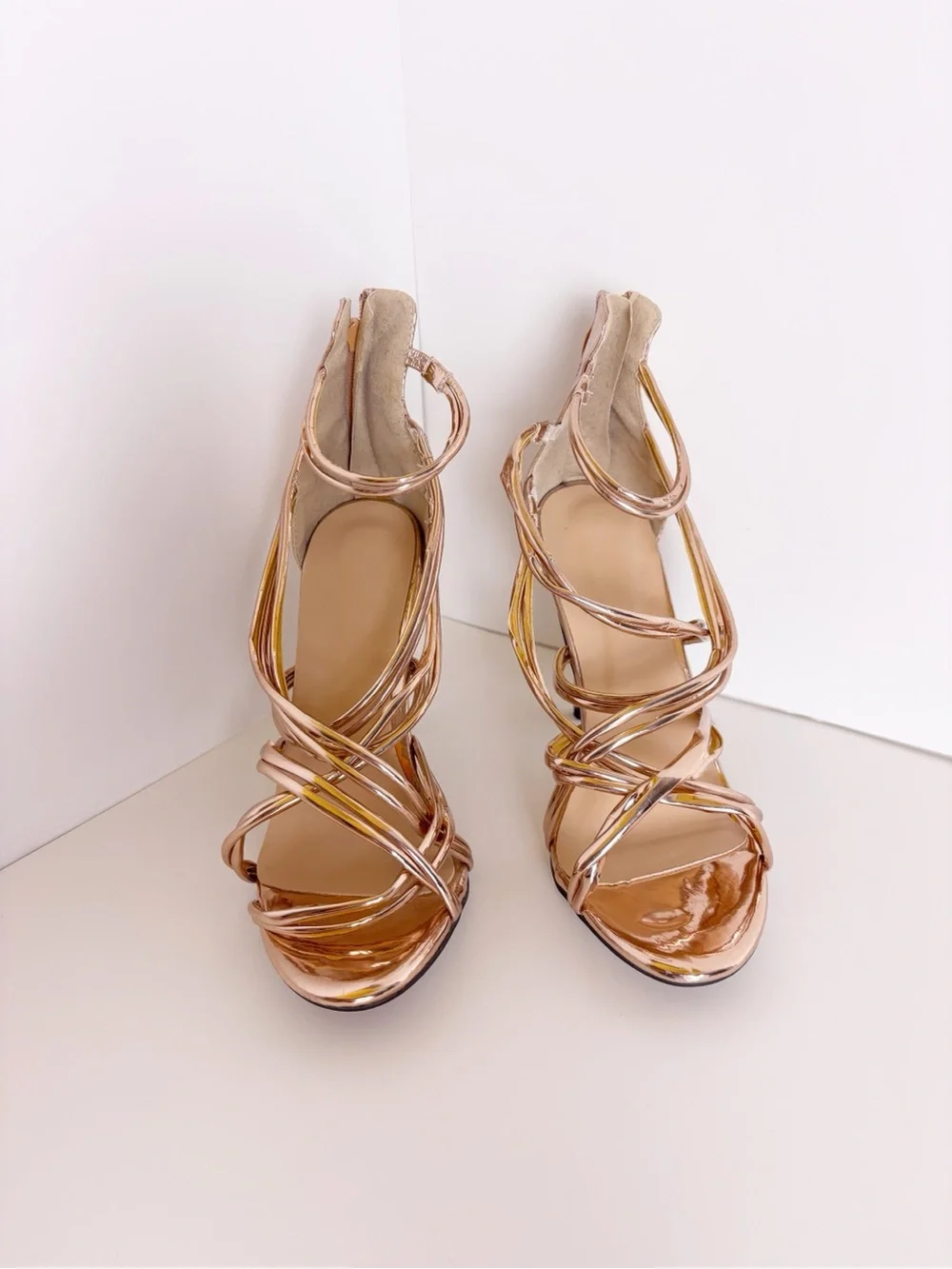 Metallic Rose Gold Strappy High Heel Sandals - Women